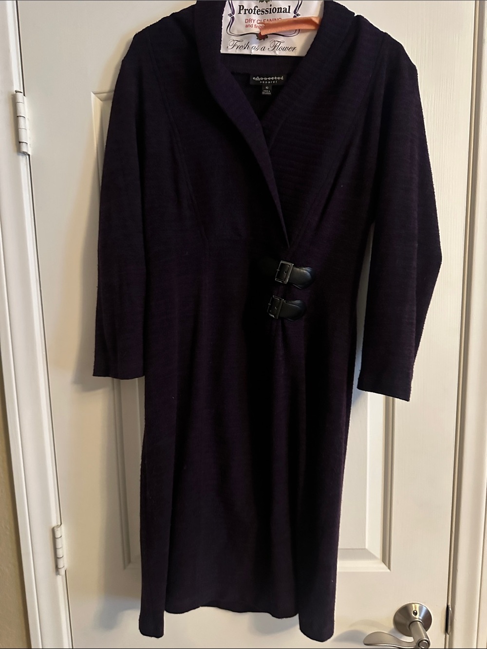 Classic Dark Purple Long Sleeve Knit Dress with Buckle Detail